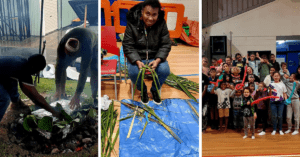 Collage of three vertical photos, side by side. First photo of men cooking Kup Murri on hot rocks covering food with tin foil. Middle photo of woman weaving leaves in black jacket and blue jeans. Right: Children in group happy smiling at camera.