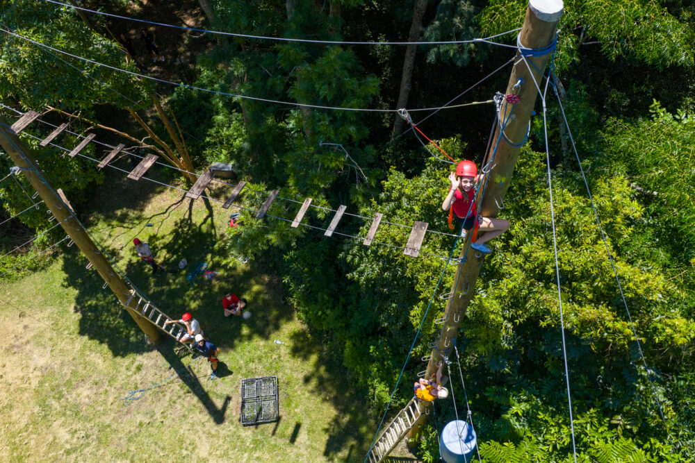 Girl in safety gear Climbing outdoor treetop