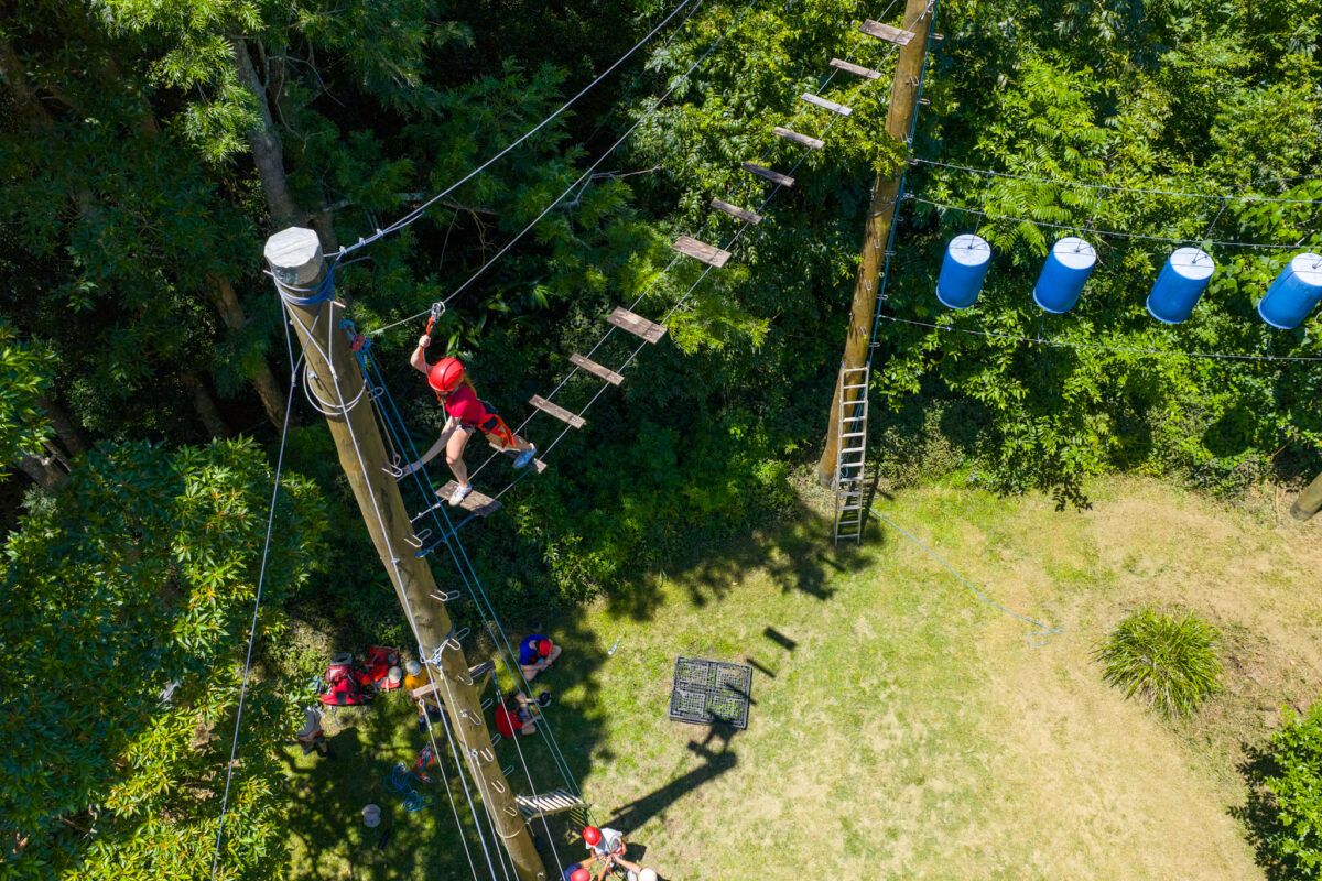 Birdseye view of a Kid attempting the treetop challenge